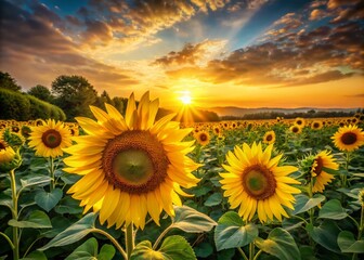 Obraz premium Stunning Sunflower Field Landscape Photography, Vibrant Yellow Sunflowers, Summer Meadow, Golden Hour Sunflowers, Artistic Sunflower Drawing