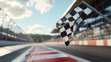 Close-up of a checkered flag on a racetrack, signaling the end of a race on a sunny day.