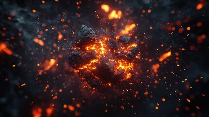 Fototapeta premium Exploding fireball in slow motion, glowing embers flying in all directions, dark background, ultra-detailed wallpaper 