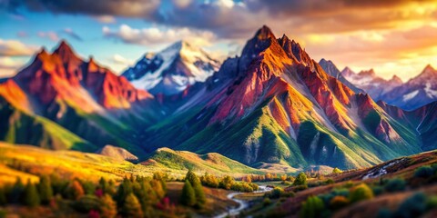 Stunning Tilt-Shift Mountain Range, Vibrant Colors, Miniature Landscape, Artistic Photography, Colorful Peaks, Fantasy Scenery