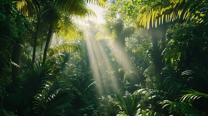 Naklejka premium Sunlight filters through lush green foliage in a vibrant tropical rainforest.