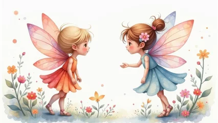 Seamless children's pattern with fairies and flowers,. pattern with cartoon fairy or elves for children, girls. Drawing for wallpaper, children's linen, poster, notebook cover