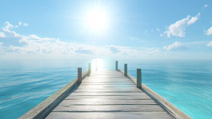 Fototapeta premium A serene wooden pier extends into a shimmering turquoise sea, illuminated by a bright sun overhead.