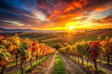 Naklejka premium Stunning Vineyard Sunset Landscape Photography: Golden Hour Vines, Rolling Hills, Wine Country