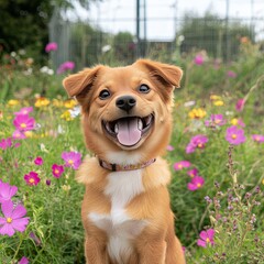 A joyful dog smiling among colorful flowers in a vibrant garden.