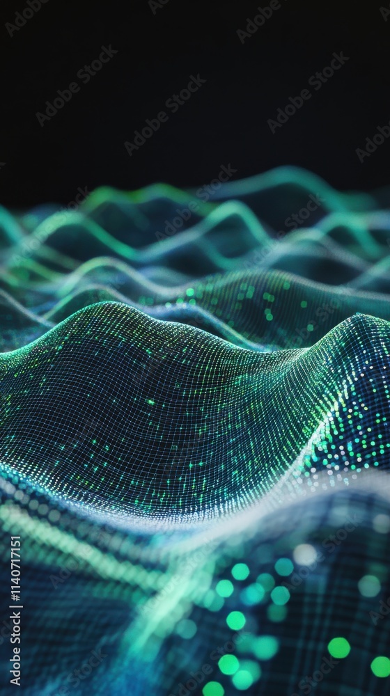 Poster Dynamic flowing digital waves creating a mesmerizing visual pattern in a virtual space