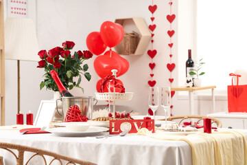 Interior of festive room with table served for Valentine's Day celebration
