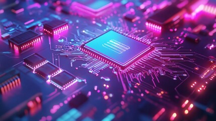 Obraz premium Close-up of a futuristic circuit board with vibrant pink and blue lighting, showcasing intricate microchip design.