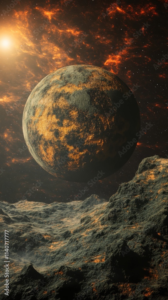 Poster dramatic view of an exoplanet with vibrant surface and celestial backdrop during a distant cosmic ev