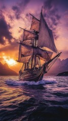 Fototapeta premium Dramatic battle between ship and nature at dusk with vibrant sky and turbulent waters