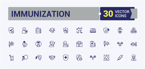 Fototapeta premium Immunization linear icon collection. Contains related to care, disease, protection, injection, treatment, immune, medical and more. Flat UI icon design. Editable vector outline and solid icons.