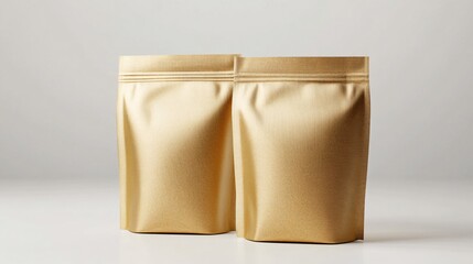 Two elegant golden packaging bags, showcasing a sleek and modern design, perfect for food or product storage.