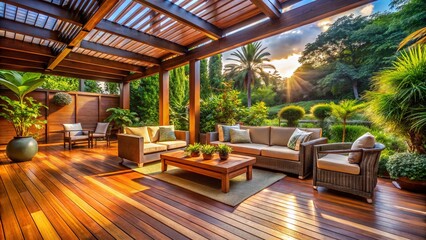 Fototapeta premium Stunning Wooden Patio Designs: Outdoor Living Spaces, Backyard Oasis, Deck Ideas, Porch Inspiration, Rustic Patio, Modern Wood Deck