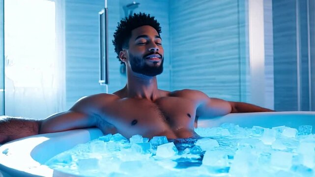 A black man enjoys a relaxing moment in an ice bath, surrounded by calming blue tones and a serene spa atmosphere