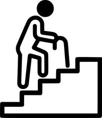 elderly stick figure with cane climbing staircase sign, symbol, vector, art