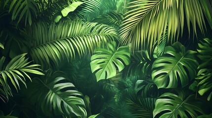Lush green foliage with a variety of tropical leaves creating a vibrant jungle backdrop.