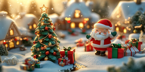 Santa and Christmas Tree in the Snow