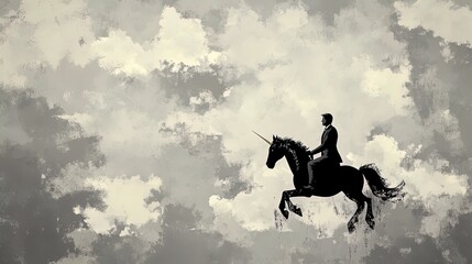 Obraz premium Corporate Professional on a Majestic Unicorn: A Shimmering Golden Horn and Dramatic Clouds Perfect for a Unique Sports Interior Poster