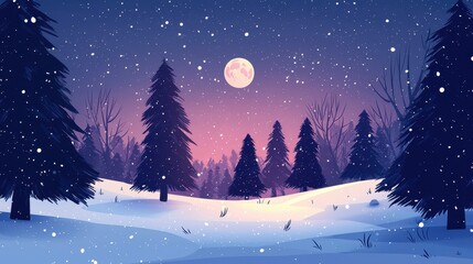 Artistic depiction of a snowy forest with glowing moonlight and tall pine trees