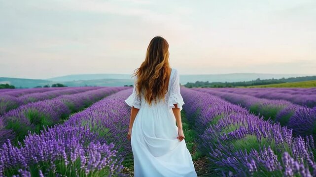 A woman in a white dress walks peacefully through vast lavender fields during sunset, surrounded by a breathtaking landscape