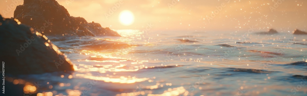 Poster close-up view of an exoplanet's surface featuring shimmering waters and a bright sun setting on the 