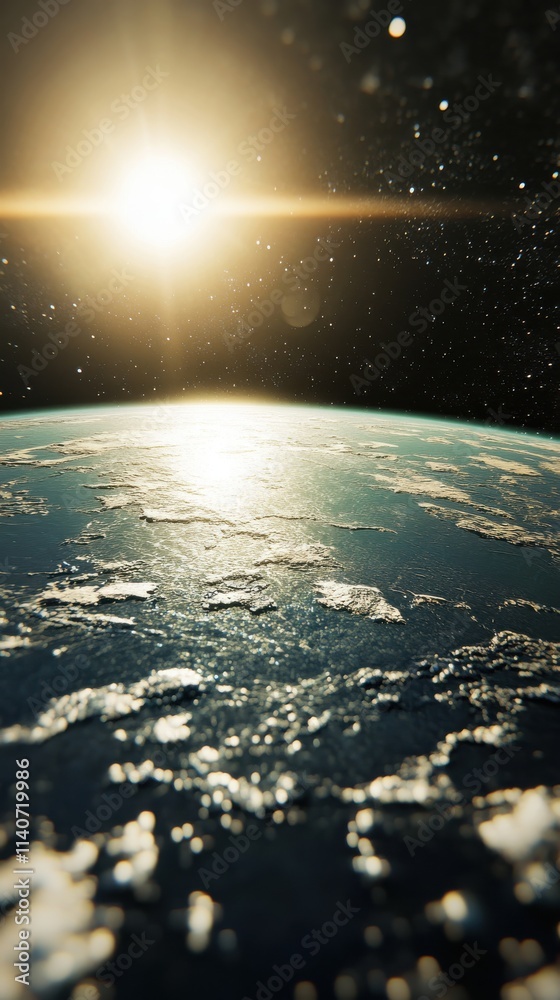 Aufkleber exoplanet surface illuminated by distant sun, showcasing water bodies and atmospheric reflections in