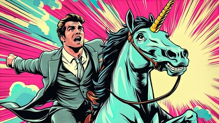 Corporate Professional on a Majestic Unicorn: A Shimmering Golden Horn and Dramatic Clouds Perfect for a Unique Sports Interior Poster