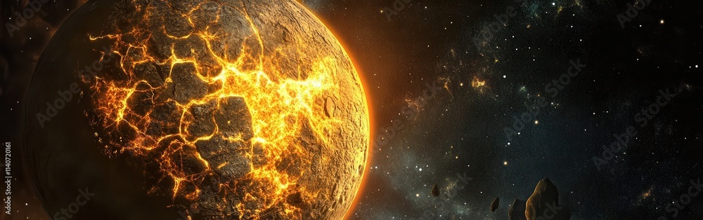 Poster close-up view of a distant exoplanet showing fiery surface and cosmic surroundings with striking det