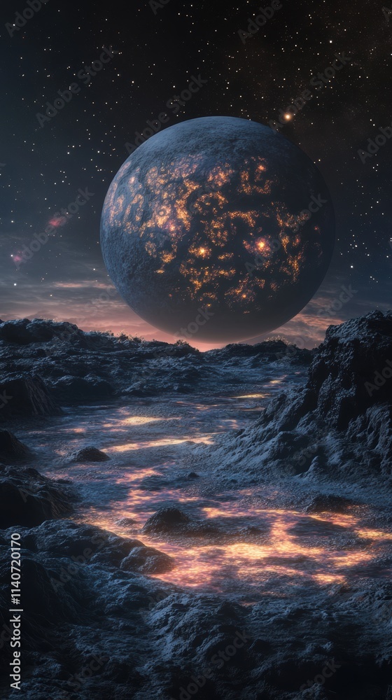 Poster close-up view of a distant exoplanet illuminated by vibrant geological activity under a starry sky