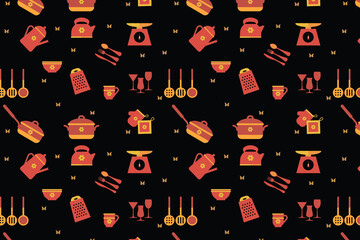 Seamless pattern. Kitchenware. Background. Illustration. Flyer background design, advertising background, fabric, clothes, texture, textile pattern