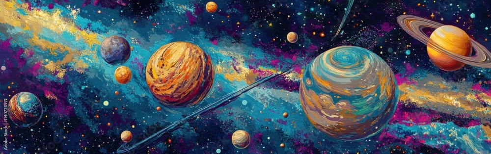 Poster Celestial artwork showcasing the solar system with vibrant planets and swirling galaxies in an otherworldly expression