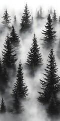 Obraz premium A serene landscape featuring mystical evergreen trees shrouded in thick fog, creating an atmospheric and tranquil scene of nature's beauty.