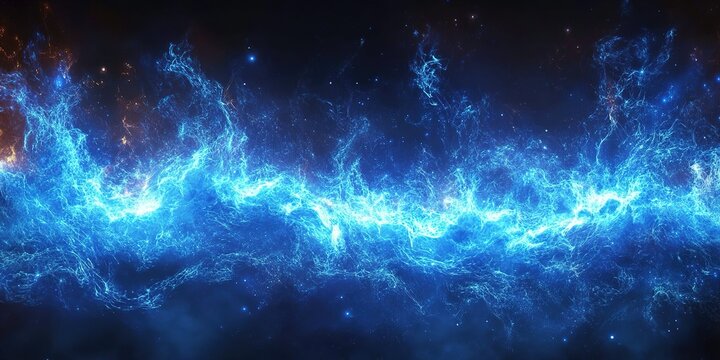 Bright electric blue cosmic wave in deep space exhibits stunning energy and motion during a stellar event