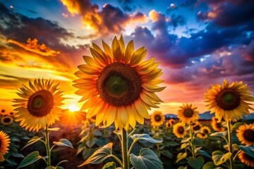 Fototapeta premium Sunflower Silhouette Paintings: Dark Background, Dramatic Lighting, Silhouette Art, Sunflowers at Sunset
