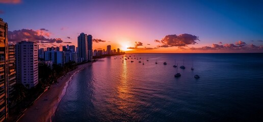 Fototapeta premium Vibrant sunset over coastal city skyline, beach, ocean, and boats.