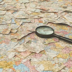 A magnifying glass resting on a pile of various maps.