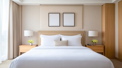 Modern Minimalist Bedroom with Large Windows, White Bedding, Wooden Furniture, and Neutral Decor Elements