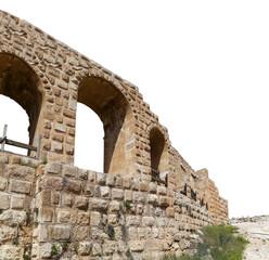 Roman ruins (carved on white background) in the Jordanian city of Jerash (Gerasa of Antiquity), capital and largest city of Jerash Governorate, Jordan