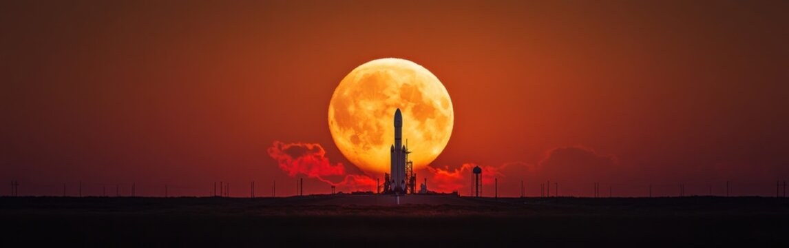 Captivating view of a rocket poised for launch against a luminous full moon backdrop at twilight