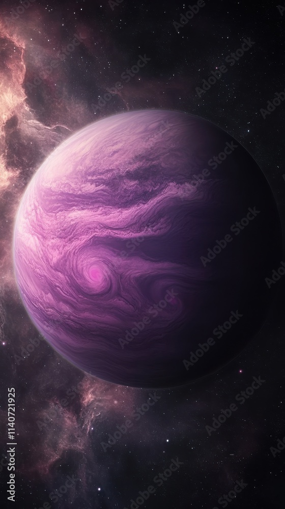 Poster captivating illustration of a violet exoplanet surrounded by cosmic clouds in a distant galaxy