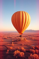 Obraz premium A vibrant hot air balloon floats above a serene, undulating landscape at sunrise, casting a shadow below