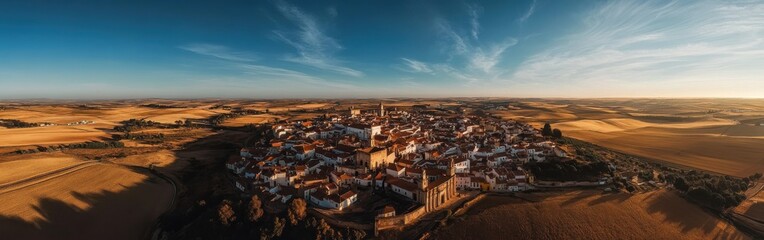 Captivating drone view reveals historic town nestled among golden fields at dusk