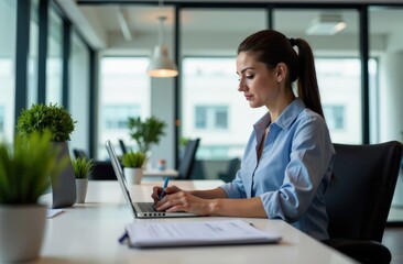 Business woman in office working on laptop, working atmosphere