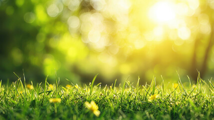 Lush Green Grass with Bright Wildflowers Under Soft Sunlight in a Serene Natural Environment Reflecting Peace and Tranquility Outdoors