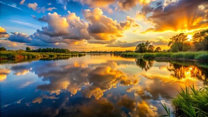 Obraz premium Sunset Pond Reflection Photography: Serene Water, Golden Hour, Nature Images