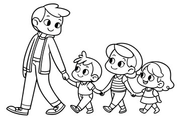 Black and white Vector illustration line outline of family, black and white line drawing, cute cartoon