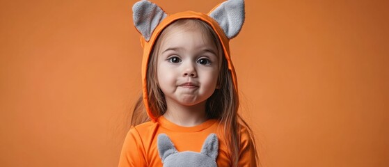 Adorable Toddler Girl in Cute Orange Animal Costume Posing Against Orange Background
