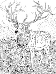 Elk coloring book page, anime aesthetic, clean line art, no shading