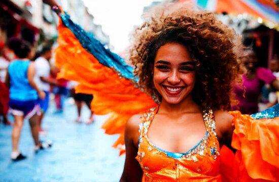 Happy Brazilian woman parading at a carnival party