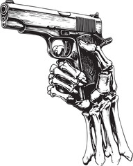 a skeleton hand holding a gun. Sketch tattoo noir et blanc 